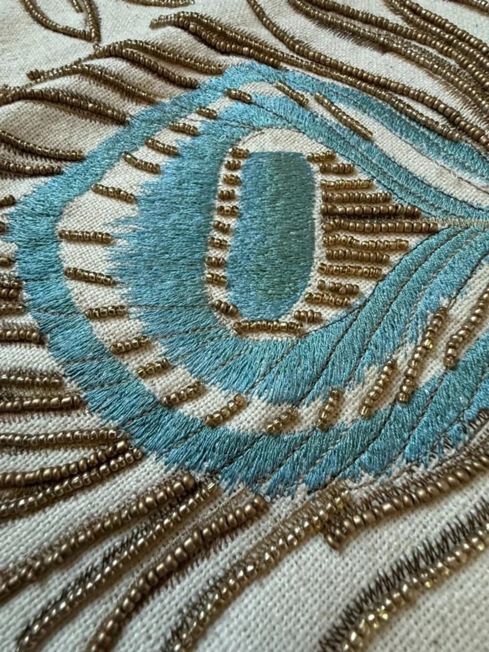 Pier 1 Peacock Feather Beaded Table Runner 41x13 Embroidered Cream Gold Blue